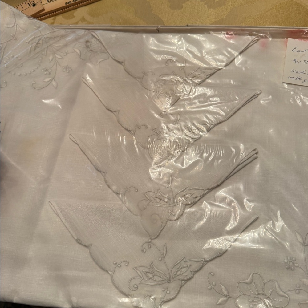 Elegant White hand Embroidered linen placemats and napkins